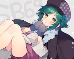 Rule 34 | 1boy, androgynous, blush, cabbie hat, commentary request, copyright name, dutch angle, green hair, grey background, hand to own mouth, hands up, hat, knees, long sleeves, looking at viewer, male focus, mayachi (amuriya), mittens, show by rock!!, simple background, snowing, solo, tsugihagi (show by rock!!), yellow eyes