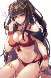 Rule 34 | 1girl, absurdres, alternate costume, bikini, black cape, black hair, blush, bracelet, breasts, cape, circlet, cleavage, commentary request, female focus, fire emblem, fire emblem awakening, fire emblem heroes, flower bracelet, hand on own face, highres, jewelry, large breasts, looking at viewer, multi-strapped bikini, navel, nintendo, official alternate costume, partial commentary, purple eyes, red bikini, reia hana, seiza, sitting, smile, solo, stomach, swimsuit, tharja (fire emblem), tharja (summer) (fire emblem), thighlet, white background