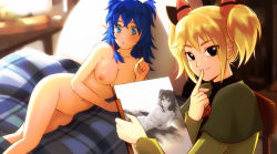 Rule 34 | 2girls, bed, black eyes, blonde hair, blue eyes, blue hair, blush, breasts, censored, drawing, erika prokuri, esther shen, finger to mouth, highres, jasmine isecar, multiple girls, nipples, nude, smile, the donnerwald experiment, twintails