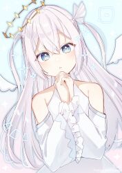 Rule 34 | 1girl, bare shoulders, blue background, blue eyes, commentary, detached sleeves, detached wings, dress, dutch angle, frilled sleeves, frills, grey hair, hair between eyes, hair ribbon, halo, heart, highres, interlocked fingers, long hair, long sleeves, looking at viewer, mini wings, original, own hands clasped, own hands together, parted lips, ribbon, signature, simple background, sleeveless, sleeveless dress, sofra, solo, sparkle, spoken heart, symbol-only commentary, twitter username, two side up, very long hair, white dress, white ribbon, white sleeves, white wings, wings
