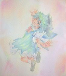 Rule 34 | 1girl, :d, blue eyes, blue hair, bow, cirno, dress, full body, hair bow, highres, ice, ice wings, looking at viewer, matching hair/eyes, open mouth, outstretched arms, painting (medium), pink background, puffy short sleeves, puffy sleeves, shoes, short hair, short sleeves, smile, socks, solo, spread arms, touhou, traditional media, watercolor (medium), wings, yuyu (00365676)