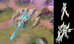 Rule 34 | 1girl, absurdres, aiming, android, blue eyes, blue hair, bone, breasts, check copyright, copyright request, dirt road, dota (series), dust cloud, firing, from above, grass, highres, holding, holding weapon, mcrc science, mecha musume, multiple views, original, plant, road, screenshot background, shadow, skull, small breasts, standing, tree, twintails, weapon, wide shot
