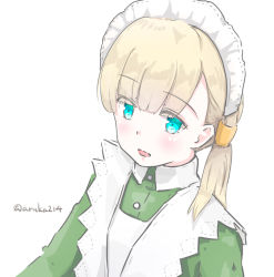 Rule 34 | 1girl, alternate costume, apron, aruka, blonde hair, blue eyes, collared dress, dress, female focus, green dress, hairband, kantai collection, looking at viewer, maid, maid apron, maid headdress, open mouth, shin&#039;you (kancolle), simple background, solo, upper body