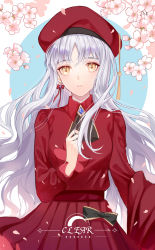 Rule 34 | 1girl, artist name, beret, breasts, brooch, caren hortensia, caren hortensia (amor caren), caren hortensia (amor caren) (second ascension), cherry blossoms, clear regulus, dress, fate/grand order, fate (series), flower, hat, jewelry, long hair, long sleeves, looking at viewer, medium breasts, neck ribbon, parted lips, red dress, red hat, ribbon, solo, wavy hair, white hair, yellow eyes