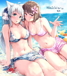 Rule 34 | 2girls, ahoge, animal ears, aqua eyes, arm support, artist name, beach, bikini, bikini top only, blush, breasts, brown hair, character request, cleavage, cloud, commentary, commissioner name, copyright request, crab, d:, dripping, english commentary, floral print, flower, grey hair, hair flower, hair ornament, highres, innertube, lens flare, medium breasts, mixed-language commentary, multiple girls, navel, open mouth, partially submerged, pink bikini, pink sarong, print innertube, red eyes, ryuunosuke (luckyneco), sarong, side-by-side, signature, sitting, sky, smile, swim ring, swimsuit, teeth, upper teeth only, virtual youtuber, water, wet