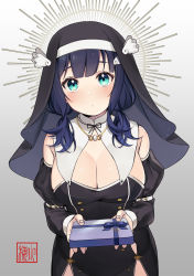 Rule 34 | 1girl, absurdres, amano nene (vtuber), aqua eyes, bare shoulders, blue hair, blush, breasts, cleavage, detached sleeves, gift, habit, highres, jewelry, large breasts, long hair, looking at viewer, low-tied long hair, necklace, nun, production kawaii, shima koume, solo, valentine, virtual youtuber
