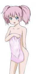 Rule 34 | 1girl, blue eyes, completely nude, covering privates, covering breasts, dora (azu), flat chest, highres, naked towel, nude, nude cover, pink hair, short hair, simple background, solo, towel, twintails, white background, yoshikawa chinatsu, yuru yuri