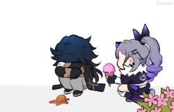 Rule 34 | 1boy, 1girl, bandages, black gloves, black hair, black jacket, blade (honkai: star rail), chibi, chinese clothes, commentary, earrings, english commentary, fingerless gloves, flower, food, from behind, gloves, gradient hair, grey hair, hair over one eye, holding, holding food, holding ice cream, honkai: star rail, honkai (series), ice cream, jacket, jewelry, long hair, long sleeves, multicolored hair, parted bangs, ponytail, purple hair, rewuyuu, shirt, shorts, silver wolf (honkai: star rail), simple background, twitter username