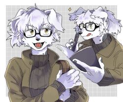 Rule 34 | 1girl, animal ears, black-framed eyewear, body fur, book, collared jacket, commentary request, cropped torso, dog ears, dog girl, furry, furry female, glasses, green jacket, grey background, grey nails, grid background, hands up, holding, holding book, holding pen, jacket, looking at viewer, open mouth, original, pen, rata (norahasu), sharp teeth, short hair, sweater, teeth, tongue, tongue out, turtleneck, turtleneck sweater, upper body, white fur, white hair, yellow eyes