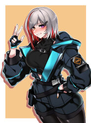 Rule 34 | 1girl, absurdres, arknights, black pantyhose, black shirt, black shorts, blue jacket, blush, breasts, collarbone, commission, covered collarbone, crop top, doctor (arknights), dogs (dlrkdejr26), dutch angle, english text, female doctor (arknights), fingerless gloves, fingernails, gloves, hair ornament, hairclip, hand on own hip, heterochromia, highres, hood, hood down, hooded jacket, jacket, large breasts, medium hair, open clothes, open jacket, open mouth, original, pantyhose, purple eyes, shirt, shorts, sleeveless, sleeveless turtleneck, smile, turtleneck, upper body, w, white hair, yellow eyes