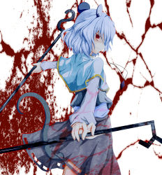 Rule 34 | 1girl, absurdres, animal ears, bad id, bad pixiv id, blood, blood splatter, dowsing rod, grey hair, highres, mo-a-i, mouse ears, mouse tail, nazrin, red eyes, short hair, skirt, smile, tail, touhou