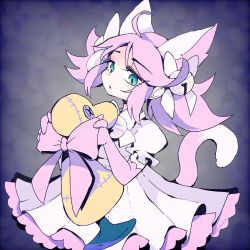 Rule 34 | 1girl, animal ears, bell, bow, cat ears, cat tail, dress, elbow gloves, gloves, green eyes, jingle bell, long hair, mad mew mew, magical girl, pink hair, pink ribbon, puffy short sleeves, puffy sleeves, ribbon, short sleeves, solo, tail, undertale