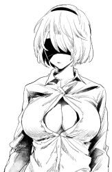 Rule 34 | 1girl, arms at sides, black blindfold, black hairband, blindfold, breasts, buttons, cleavage, collarbone, collared shirt, covered eyes, dress shirt, greyscale, hairband, large breasts, long sleeves, mellow rag, mole, mole under mouth, monochrome, nier:automata, nier (series), no bra, shirt, short hair, simple background, solo, unbuttoned, unbuttoned shirt, upper body, white background, white shirt, wing collar, 2b (nier:automata)
