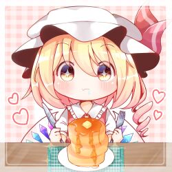 Rule 34 | 1girl, blonde hair, chibi, closed mouth, collared shirt, fang, flandre scarlet, food, fork, frilled shirt collar, frills, hair between eyes, hat, heart, holding, holding fork, holding knife, knife, kokochi, looking at viewer, medium hair, mob cap, multicolored wings, one side up, pancake, pancake stack, plate, puffy short sleeves, puffy sleeves, red vest, shirt, short sleeves, simple background, skin fang, solo, star-shaped pupils, star (symbol), symbol-shaped pupils, tablecloth, touhou, upper body, vest, white hat, white shirt, wings