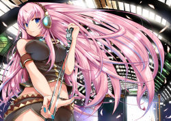 Rule 34 | 1girl, blue eyes, breasts, covered erect nipples, headphones, impossible clothes, impossible shirt, large breasts, long hair, looking at viewer, md5 mismatch, megurine luka, microphone, microphone stand, navel, pink hair, resolution mismatch, shirt, skirt, smile, solo, source larger, very long hair, vocaloid, yuki mizore
