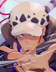 Rule 34 | 1boy, chest tattoo, close-up, earrings, facial hair, goatee, grin, hand tattoo, hat, highres, jewelry, looking at viewer, male focus, one piece, short hair, sideburns, smile, solo, tattoo, trafalgar law, vonnabeee, yellow eyes