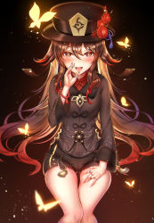 Rule 34 | 1girl, bead bracelet, beads, black hat, black jacket, black shorts, blush, bracelet, breasts, brown hair, bug, butterfly, flower, genshin impact, hat, hat flower, highres, hu tao (genshin impact), insect, jacket, jewelry, long hair, long sleeves, looking at viewer, open mouth, plum blossoms, queencho, red eyes, ring, shorts, small breasts, smile, symbol-shaped pupils, thighs, twintails, very long hair