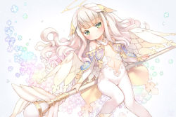 Rule 34 | 1girl, angel, angel wings, bare shoulders, blush, breasts, bridal gauntlets, detached collar, green eyes, halo, head wings, kito (sorahate), long hair, looking at viewer, navel, original, pantyhose, silver hair, small breasts, solo, staff, white pantyhose, white wings, wings