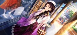 Rule 34 | 1girl, artist request, bag, black ribbon, blue sky, breasts, brown hair, buttons, closed mouth, coat, code geass, code geass: lost stories, day, dress, dutch angle, english text, female focus, game cg, hair intakes, hands up, happy, highres, holding, holding bag, layered sleeves, lens flare, light rays, long sleeves, looking to the side, maid headdress, mannequin, neck ribbon, non-web source, official art, open clothes, open coat, orange eyes, outdoors, pillar, pink coat, pleated skirt, purple skirt, red dress, ribbon, scarf, shinozaki sayoko, shirt, shirt tucked in, shop, short hair, skirt, sky, small breasts, smile, sparkle, split mouth, standing, sunlight, tassel, tree, two-tone scarf, white shirt, wide sleeves, window