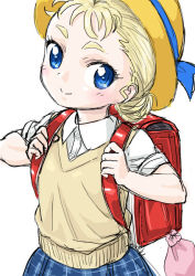 Rule 34 | 1girl, backpack, bag, blonde hair, blue eyes, chrono cross, commentary request, hat, looking at viewer, marcy (chrono cross), s-a-murai, school uniform, short hair, skirt, smile, solo
