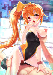 Rule 34 | 1boy, 1girl, breasts, censored, character name, commentary request, competition swimsuit, cowgirl position, facial mark, girl on top, grabbing, grabbing another&#039;s breast, hair ornament, highres, indie virtual youtuber, large breasts, lenas sukeimu, long hair, looking at viewer, mosaic censoring, negimaki (negimaki256), nipples, one-piece swimsuit, open mouth, orange eyes, orange hair, penis, pussy juice, sex, side ponytail, solo focus, straddling, swimsuit, virtual youtuber