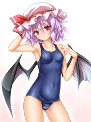 Rule 34 | 1girl, alternate costume, arm behind head, arm up, armpits, bat wings, black wings, blue one-piece swimsuit, blush, breasts, collarbone, contrapposto, covered navel, cowboy shot, gluteal fold, gradient background, hair between eyes, hat, hat ribbon, highres, looking at viewer, mob cap, old school swimsuit, one-piece swimsuit, parted lips, pink hair, pointing, pointing at self, red eyes, red ribbon, remilia scarlet, ribbon, roura, school swimsuit, skin tight, small breasts, solo, standing, swimsuit, touhou, transparent background, white background, white hat, wings