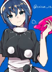 Rule 34 | 1girl, blue background, blue eyes, blue hair, blush, breasts, closed mouth, doremy sweet, hair between eyes, hat, highres, holding, large breasts, looking at viewer, nightcap, pom pom (clothes), sakaki (utigi), short hair, simple background, solo, touhou, twitter username, upper body