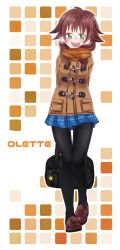 Rule 34 | 1girl, :d, alternate costume, arms behind back, bag, black pantyhose, blue skirt, blush, breath, brown coat, brown footwear, brown hair, character name, coat, full body, glint, green eyes, highres, kingdom hearts, loafers, long hair, looking at viewer, miki masao, miniskirt, olette, open mouth, orange scarf, pantyhose, plaid, plaid scarf, pleated skirt, pocket, scarf, shoes, skirt, smile, solo, sparkle, teeth