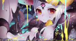 Rule 34 | 1girl, abigail williams (fate), black bow, black gloves, bow, breasts, fate/grand order, fate (series), gloves, hat, joenny, keyhole, looking at viewer, panties, partially submerged, red eyes, small breasts, solo, tentacles, third eye, underwear, wet, white hair, yellow bow