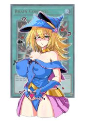 Rule 34 | 1girl, ?, bare shoulders, blonde hair, blush, blush stickers, brain control (yu-gi-oh!), breasts, card, cleavage, covered erect nipples, cowboy shot, cropped legs, dark magician girl, exabyte (parallax05), female focus, green eyes, groin, half-closed eyes, hat, heart, heart-shaped pupils, huge breasts, hypnosis, leotard, looking at viewer, magical girl, mind control, off shoulder, shiny skin, showgirl skirt, simple background, skirt, solo, strapless, sweat, symbol-shaped pupils, white background, wizard hat, yu-gi-oh!