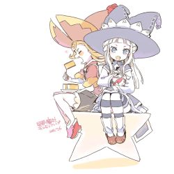Rule 34 | 2girls, blue eyes, character request, dated, closed eyes, food, full body, hat, heart, long hair, looking at viewer, mota, multiple girls, open mouth, simple background, smile, striped, white background, wizard hat
