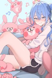 Rule 34 | 1girl, absurdres, black shorts, blue eyes, blue hair, blue ribbon, blush, commentary request, hair ribbon, highres, holding, holding stuffed toy, hololive, hood, hoodie, hoshimachi suisei, kanahei no shoudoubutsu, knee up, long hair, long sleeves, looking at viewer, musical note, pillow, piske (kanahei), ribbon, short shorts, shorts, side ponytail, sidelocks, sitting, smile, solo, star (symbol), star in eye, stuffed toy, symbol in eye, usagi (kanahei), virtual youtuber, white hoodie, yozora (1wkdgusdn)