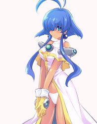 Rule 34 | 1girl, ahoge, blue eyes, blush, breasts, cacao (lamune), dress, earrings, gloves, hair over one eye, halterneck, highres, ishiyumi, jewelry, medium breasts, navel, ng knight lamune &amp; 40, off-shoulder dress, off shoulder, one eye covered, own hands together, panties, purple dress, short hair with long locks, sidelocks, solo, underwear, white panties, yellow gloves