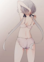 Rule 34 | 1girl, arm up, ass, bare shoulders, bra, commentary request, from behind, gradient background, grey hair, hair ribbon, haya bs, highres, konno junko, long hair, low twintails, panties, pink bra, pink panties, ribbon, shoulder blades, solo, twintails, underwear, underwear only, very long hair, zombie land saga