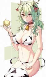 Rule 34 | 1girl, animal ears, animal print, antlers, apple, barcode, bell, bikini, blush, branch, breasts, brown collar, ceres fauna, cleavage, collar, cow ears, cow print, cow print bikini, cow tail, cowbell, ear tag, flower, food, fruit, green nails, hair between eyes, hair flower, hair ornament, highres, holding, holding food, holding fruit, hololive, hololive english, horns, large breasts, leaf, lessone, long hair, looking at viewer, nail polish, navel, neck bell, parted lips, plant, print bikini, sitting, solo, stomach, swimsuit, tail, thighhighs, thighs, vines, virtual youtuber, wavy hair, yellow eyes