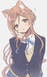 1girl animal_ear_fluff animal_ears blazer blue_eyes blue_jacket blue_ribbon blue_skirt blush breasts brown_hair cat_ears cat_tail commentary dot_nose fake_animal_ears fake_tail gakuen_idolmaster grey_background hair_bun hand_up hatsuboshi_gakuen_school_uniform highres himesaki_rinami idolmaster international_cat_day jacket large_breasts long_hair long_sleeves looking_at_viewer minaramuda motion_lines neck_ribbon parted_lips pleated_skirt ribbon school_uniform shirt simple_background single_hair_bun skirt solo sweater tail white_shirt yellow_sweater