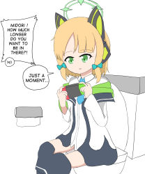 Rule 34 | 1girl, absurdres, animal ear headphones, animal ears, black thighhighs, blonde hair, blue archive, blue bow, blue necktie, bow, cat ear headphones, clothes pull, collared shirt, english text, fake animal ears, green eyes, hair bow, halo, handheld game console, headphones, highres, holding, jacket, kizuna (pixiv 17083059), midori (blue archive), necktie, nintendo switch, shirt, shorts, shorts pull, solo, speech bubble, thighhighs, toilet, toilet paper, toilet use, white shirt