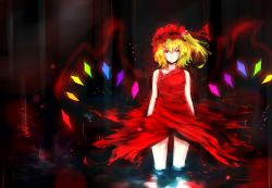 Rule 34 | 1girl, acryl, alternate costume, arms at sides, blonde hair, dark, dress, expressionless, flandre scarlet, hat, indoors, light frown, looking at viewer, mob cap, parted lips, partially submerged, red dress, red eyes, red theme, reflection, room, short hair, side ponytail, sleeveless, sleeveless dress, solo, standing, thighs, touhou, wading, wings
