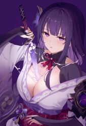 Rule 34 | 1girl, absurdres, blunt bangs, breasts, bridal gauntlets, cleavage, genshin impact, highres, holding, holding sword, holding weapon, human scabbard, japanese clothes, kimono, large breasts, long hair, looking at viewer, mole, mole under eye, neck tassel, obi, parted lips, purple background, purple eyes, purple hair, purple kimono, purple nails, raiden shogun, sash, simple background, solo, sword, torataro0710, upper body, weapon