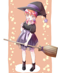 Rule 34 | 1girl, aged down, ankle boots, bare arms, bare legs, biting, black dress, blush, boots, bow, broom, candy, child, dafne, dress, food, full body, hair ornament, hair over shoulder, hand up, hat, hat ornament, holding, holding broom, holding candy, holding food, jewelry, kyoukai no rinne, lollipop, long hair, looking at viewer, low twintails, mamiya sakura, medium hair, necklace, pigeon-toed, puffy short sleeves, puffy sleeves, red hair, sash, short sleeves, smile, solo, standing, star (symbol), star hair ornament, star hat ornament, star necklace, twintails, witch hat, yellow eyes