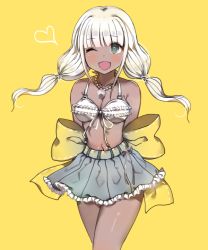 Rule 34 | 1girl, arms behind back, bad id, bad pixiv id, bikini, bikini top only, blue skirt, blunt bangs, blush, breasts, danganronpa (series), danganronpa v3: killing harmony, frilled bikini, frilled bikini top, frilled skirt, frills, green eyes, heart, jewelry, long hair, looking at viewer, low twintails, medium breasts, necklace, one eye closed, open clothes, open mouth, pendant, pleated skirt, shoes, short sleeves, skirt, smile, solo, ssumbi, swimsuit, twintails, white hair, yellow background, yonaga angie