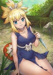 Rule 34 | 1girl, blonde hair, blue dress, blue eyes, blue sky, breasts, cleavage, closed mouth, collar, collarbone, day, dr. stone, dress, hair between eyes, knife, kohaku (dr. stone), medium breasts, medium hair, outdoors, short dress, side slit, sidelocks, signature, sitting, sky, sleeveless, sleeveless dress, smile, solo, torakun14, weapon