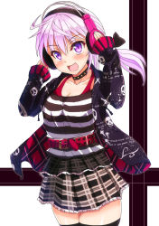 Rule 34 | 1girl, bad id, bad pixiv id, belt, blush, breasts, choker, cleavage, fang, hands on headphones, headphones, higa, jacket, long hair, long sleeves, medium breasts, open mouth, original, pink hair, purple eyes, simple background, skirt, smile, solo, striped, striped background, thighhighs, zettai ryouiki