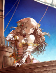 Rule 34 | 1girl, :d, arm support, arm warmers, bandana, bare shoulders, brown eyes, brown hair, collarbone, dress, flat chest, frills, hair ribbon, hand in own hair, happy, highres, long hair, looking down, nishizawa, open mouth, original, ribbon, sail, ship, smile, solo, sunlight, tress ribbon, watercraft, wind