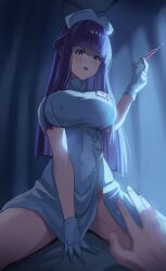 Rule 34 | 1boy, 1girl, absurdres, blunt bangs, breasts, fern (sousou no frieren), girl on top, gloves, hat, hetero, highres, holding, holding syringe, large breasts, long hair, looking at viewer, nurse, nurse cap, open mouth, pov, pov hands, purple eyes, purple hair, solo focus, sousou no frieren, straddling, syringe, thighs, v-shaped eyebrows, very long hair, white gloves, yato (yama0x1)