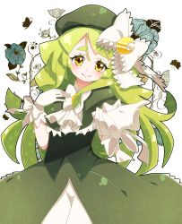 Rule 34 | 1girl, absurdres, ascot, bow, bowtie, commentary request, crescent, dress, flower, gen&#039;ei wo kakeru taiyou, gloves, green hair, green hat, hair bow, hand on own chest, hat, highres, long hair, looking at viewer, outstretched arm, reaching, reaching towards viewer, revision, smile, solo, tsukuyomi luna, white gloves, white neckwear, yellow eyes, yupiteru