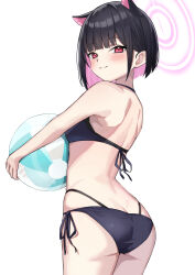 Rule 34 | 1girl, absurdres, alternate costume, asashin (asn), ass, ball, beachball, bikini, black bikini, black hair, blue archive, breasts, closed mouth, collarbone, colored inner hair, commentary request, halo, highres, holding, holding ball, holding beachball, kazusa (blue archive), looking at viewer, medium breasts, multicolored hair, pink hair, pink halo, red eyes, side-tie bikini bottom, simple background, smile, solo, swimsuit, two-tone hair, white background