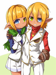 Rule 34 | 1boy, 1girl, aura bella fiora, blonde hair, blue eyes, brll, brother and sister, child, commentary request, crossdressing, dark elf, dark skin, dark-skinned male, elf, gloves, green eyes, heterochromia, looking at viewer, mare bello fiore, overlord (maruyama), pointy ears, reverse trap, short hair, siblings, smile, tomboy, trap, twins