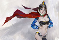 Rule 34 | 1girl, amatiz, breasts, brown hair, cape, cleavage, collar, crown, hands on own hips, lipstick, makeup, navel, navel piercing, neck ruff, nose, original, piercing, realistic, short hair, solo, two piece, wind