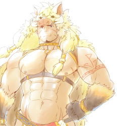 Rule 34 | 1boy, abs, animal hood, arm tattoo, bara, bare pectorals, boar hood, body fur, brown hair, chest harness, clothing cutout, collar, facial hair, fang, forked eyebrows, gullinbursti (housamo), hand on own hip, harness, hood, katoributa a, large pectorals, limited palette, long sideburns, looking at viewer, male focus, muscular, navel, nipples, pectorals, revealing clothes, scar, scar on chest, short hair, sideburns, solo, stubble, tattoo, thigh cutout, tokyo houkago summoners